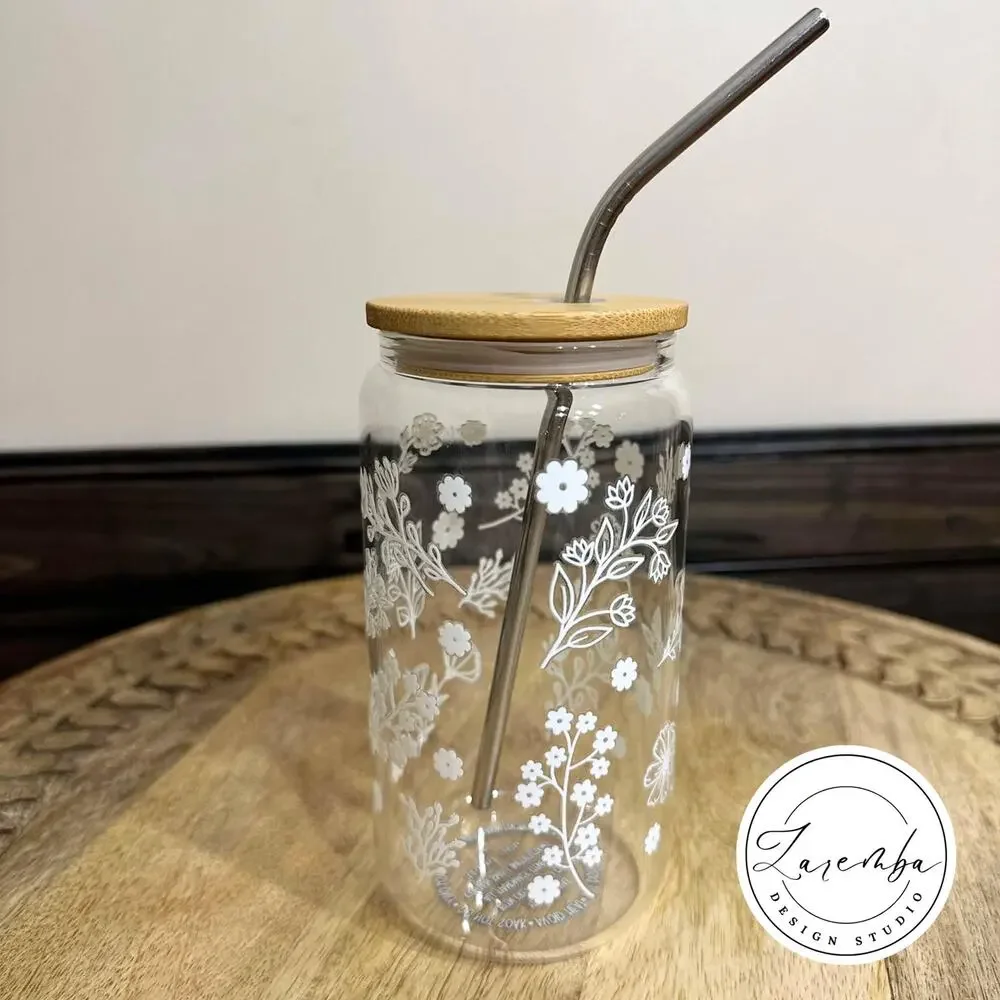 White Floral Libbey Cup, Minimalist Flowers Beer Can Glass, Nature, Spring